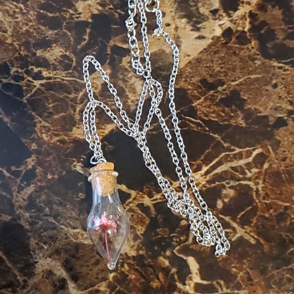 Pink Flower Tear Drop Wish Bottle Spiritual Nature Gaia Necklace With 22" Chain - Picture 4 of 6
